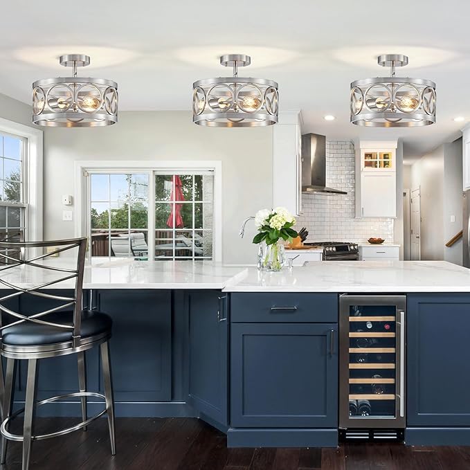 XINGQI Nickel Ceiling Light Adjustable Height Pendant Lighting Fixture 3-Light Metal Lamp 13" Rustic Round Lights for Dining Room Kitchen Bedroom Foyer Hallway