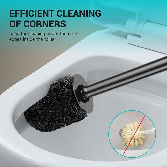 Toilet Brush and Holder, 2 Pack Toilet Bowl Brush with Long Handle, Plastic Holder Easy to Hide, Drip-Proof, Easy to Assemble, Deep Cleaning, Black