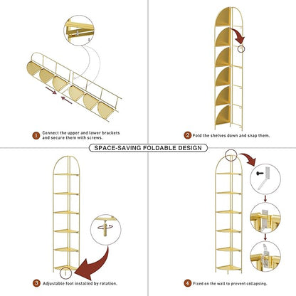 Crofy Foldable 6 Tier Corner Shelf, Metal Corner Plant Stand with Gold Frame and Gold Shelves, Corner Display Rack Multipurpose Shelving Unit for Living Room, Bedroom, Bathroom