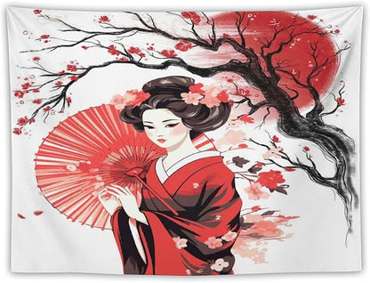 Japanese Red Geisha Tapestry Asian Cherry Blossom Traditional Kimono Folk Tapestries Home Decor for Living Room Bedroom Apartment Farmhouse Dorm 60"x50"