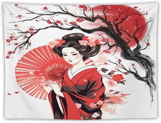 Japanese Red Geisha Tapestry Asian Cherry Blossom Traditional Kimono Folk Tapestries Home Decor for Living Room Bedroom Apartment Farmhouse Dorm 90"x60"