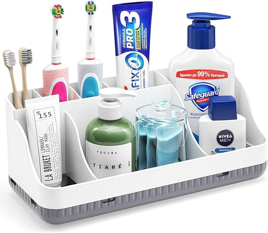 Bathroom Counter Organizer and Storage, 7 Slots Detachable Toothbrush Holders for Bathrooms, Anti-Slip Electric Toothbrush and Toothpaste Holder Countertop Vanity Organizer Accessories for Adults Kids