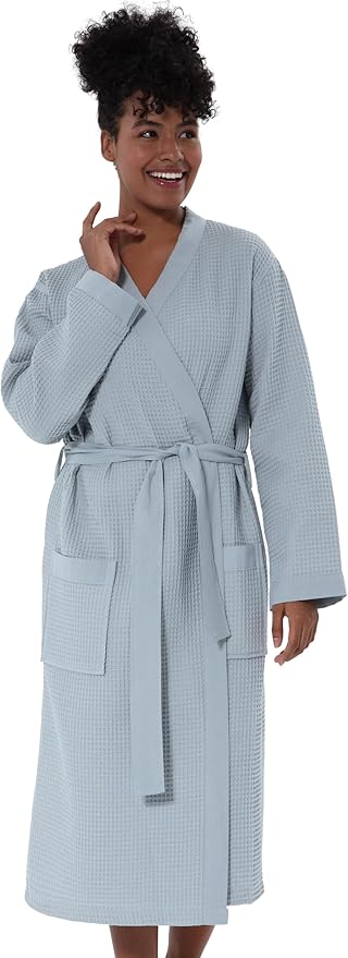 Women’s Luxury Waffle Shawl Collar, Hooded Robe w Piping – Lightweight, Long, Ultra Soft Spa Sleepwear Bathrobe