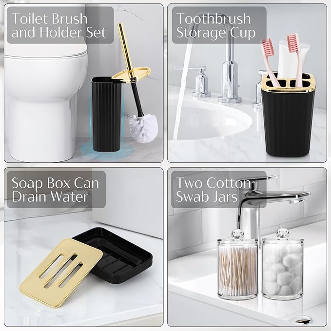 17PCS Bathroom Accessories Bathroom Set Black Bathroom Accessories,Toilet Brush, Trash Can, Qtip Holder Dispenser& 3PCS Soap Dispenser