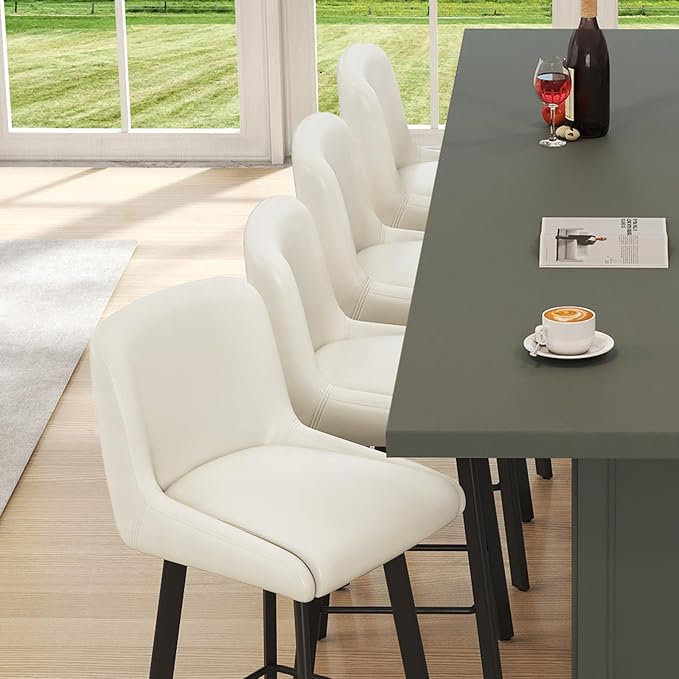 Swivel Bar Stools, 26''H Upholstered Barstools with Backs, Modern Counter Height Bar Stool Chairs for Kitchen Island, Metal Legs (Antique White- Faux Leather, Set of 2-26" H)