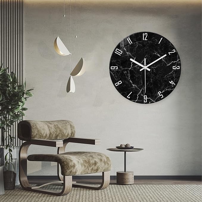Oversized Decorative Clocks Battery Operated 24 Inch Marble Black Wall Clock for Office Round Non Ticking Wall Clock Silent