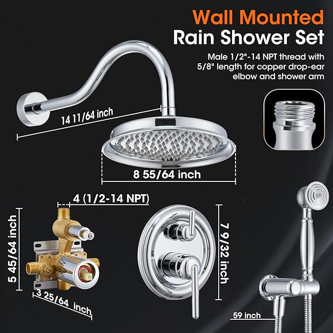 Shower System with Rain Shower Head, Handheld Spray, Rough-in Valve and Trim Kit 9 Inch Bathroom Luxury Rain Mixer Shower Complete Combo Set Wall Mounted High Pressure Shower Faucet Set Chrome