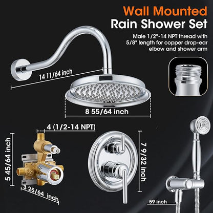 Shower System with Rain Shower Head, Handheld Spray, Rough-in Valve and Trim Kit 9 Inch Bathroom Luxury Rain Mixer Shower Complete Combo Set Wall Mounted High Pressure Shower Faucet Set Chrome