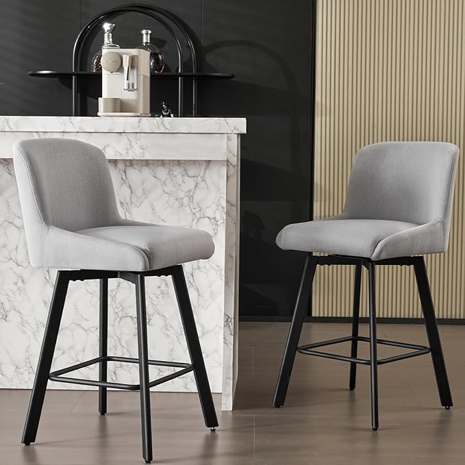 Swivel Bar Stools Set of 2, 26''H Upholstered Barstools with Backs, Modern Counter Height Bar Stool Chairs for Kitchen Island, Metal Legs, Fabric, Light Gray Counter Stools
