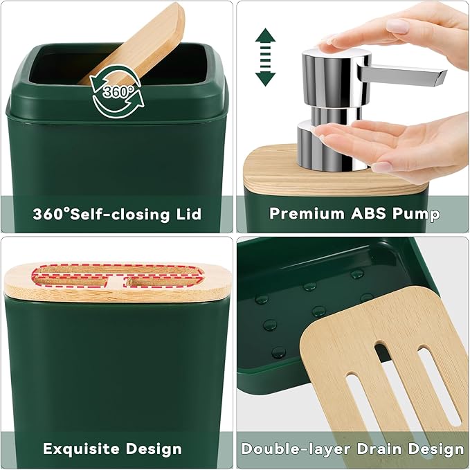Dark Green Bathroom Accessories Set with Sequin Shower Curtain Dark Green Bathroom Decor with Trash Can,Toothbrush Holder, Toothbrush Cup,Soap Dispenser, Tray, Soap Dish,Toilet Brush
