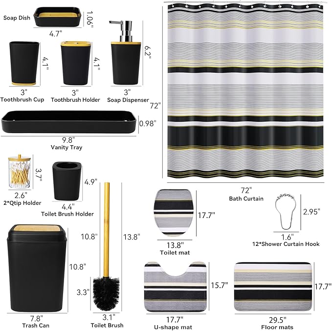 24PCS Bathroom Sets with Shower Curtain and Rugs,Black Bathroom Accessories Set Waterproof White and Gold Shower Curtain Set,Black and White Bathroom Accessories
