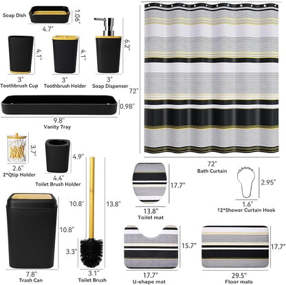 24PCS Bathroom Sets with Shower Curtain and Rugs,Black Bathroom Accessories Set Waterproof White and Gold Shower Curtain Set,Black and White Bathroom Accessories