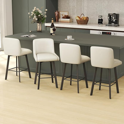 Swivel Bar Stools, 26''H Upholstered Barstools with Backs, Modern Counter Height Bar Stool Chairs for Kitchen Island, Metal Legs (Antique White- Faux Leather, Set of 4-26" H)