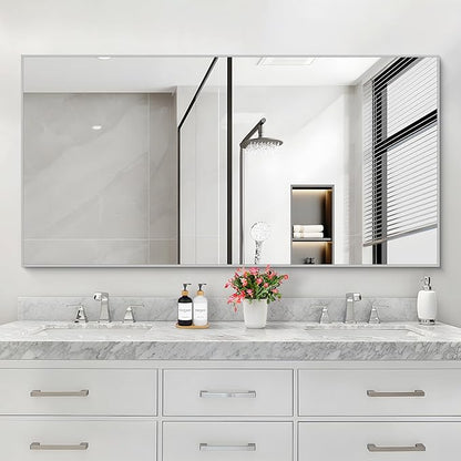 30x55In Silver Bathroom Mirror for Wall, Brushed Nickel Rectangle Mirrors with Metal Frame, Bathroom Rectangular Mirror Modern Wall Mirror for Bedroom Living Room, Hangs Horizontal or Vertical