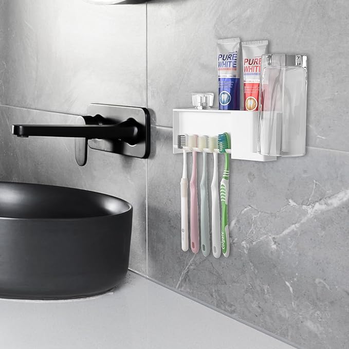 5 Slots Wall Mount Toothbrush Holder with Storage Box, Self Adhesive Toothbrush Storage Organizer for Shower, Toothpaste & Toothbrush Hanger for Bathroom, Medicine Cabinet, Dorm (White)