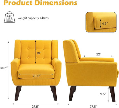 UIXE Accent Chairs Set of 2, Modern Armchair Upholstered Arm Chair in Fabric for Living Room, Comfy Single Sofa Seats Button Tufted Reading Seating, Yellow