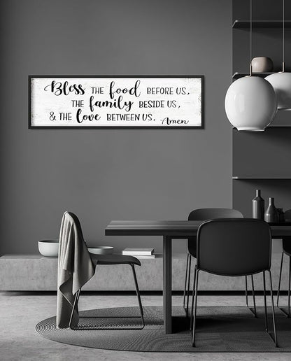 Bless the Food Before Us Wall Decor: Farmhouse Rustic Kitchen Signs Wall Decor Framed Hanging Wall Plaques 12" x 40",Inspirational Quotes The Family Beside Us Signs
