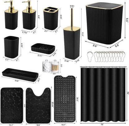 26PC Bathroom Accessories Set - Gorgeous Black Bathroom Set, Bathroom Accessory Set, Black Shower Curtain Set with Bathtub Mats for Shower Tub