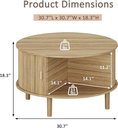 Coffee Table and TV Stand Set of 2, Round Center Table with Storage,Fluted Coffee Table with 360° Sliding Doors, 86.6" Entertainment Center for Bedroom, Living Room,Natural
