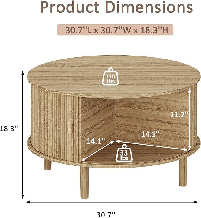 Round Coffee Table with Storage,Fluted Table with 360°Curved Sliding Doors,Solid Wood Legs, Mid Century Modern Center Table for Living Room,Apartment, Home Office,Oak,Natural