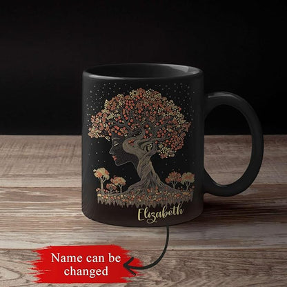 Custom Name Coffee Mug 11oz 15oz, Unique Nature Inspired Coffee Cup for Women, Personalized Vibrant Nature Themed Black Cup, Artistic Tree Ceramic Mug, Gifts for Women's Day