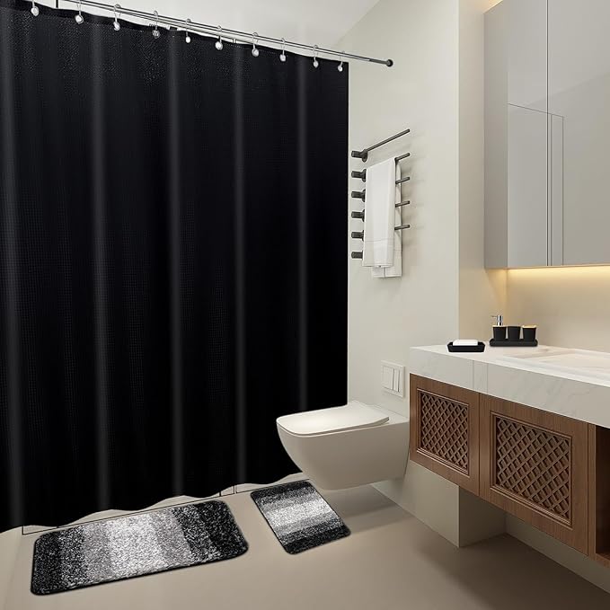 24PCS Bathroom Sets with Shower Curtain and Rugs,Black Bathroom Accessories Set Waterproof Black and White Shower Curtain Set, Toilet Brush, Trash Can & Bathroom Rug