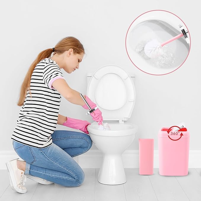 Pink Bathroom Accessory Set, Plastic Bathroom Set with Tray, Soap Dispenser, Toothbrush Holder, Toothbrush Cup, Soap Dish, Toilet Brush, Trash Can and Q-tip Holders for Bathroom/Housewarming