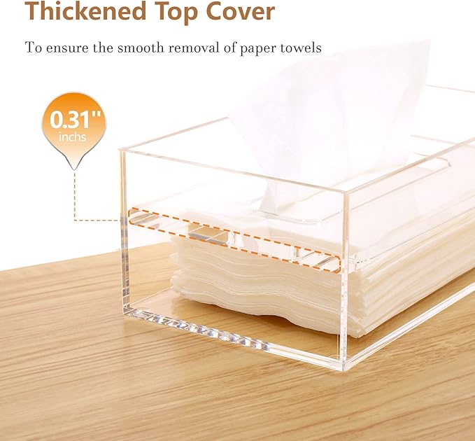 SANRUI Clear Acrylic Facial Tissue Box Cover Holder with 8mm Top Lid Rectangle Napkin Dispenser Organizer for Bathroom, Kitchen and Office Desk
