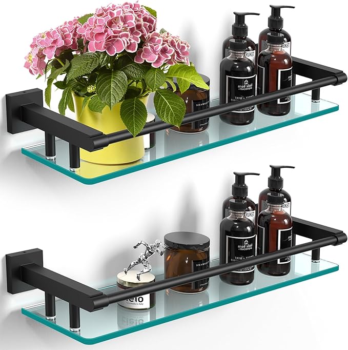 Bathroom Glass Shelf 20IN Rectangular Stainless Steel Tempered Glass Shelves Modern Stainless Steel Wall Mount Bathroom Shelf (Matte Black, 20‘’)