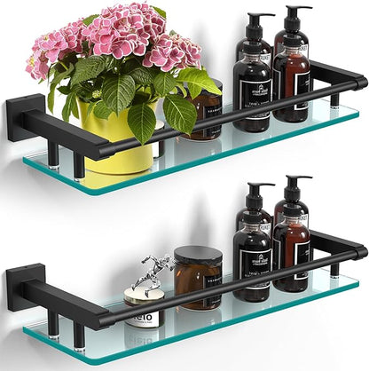 Bathroom Glass Shelf 20IN Rectangular Stainless Steel Tempered Glass Shelves Modern Stainless Steel Wall Mount Bathroom Shelf (Matte Black, 20‘’)