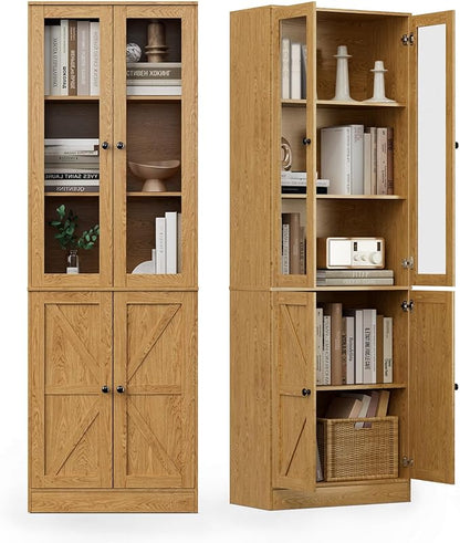 Bookcase with Doors, Tall Cabinets Storage Shelves, 5 Tier Bookshelf with Storage Cabinet, Light Wood Rustic Display Shelf Home Decor Furniture for Office, Living Room, Bedroom, Kitchen, Dining Room