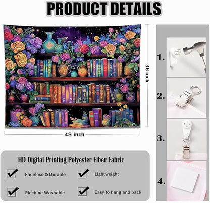 keowhsf Pink Purple Flower Bookshelf Wall Tapestry Colorful Tapestries for Bedroom Aesthetic Floral Tapestry Wall Hanging Cute Girl Bedroom Decor