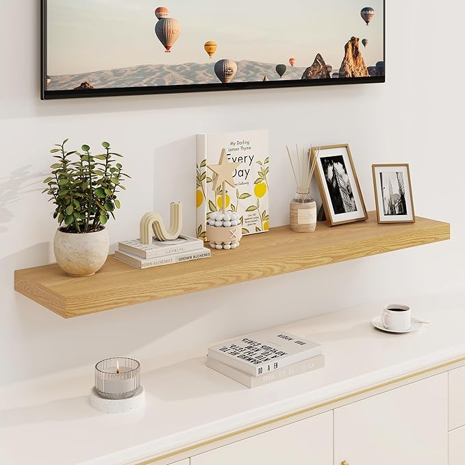 Fun Memories Floating Shelves, 8 Inch Deep Floating Shelves, Rustic Wood Fireplace Mantel 48 in Long, 48 x 8 Floating Wall Shelves for Living Room, Kitchen, Bedroom, Oak Color, 1 Pack