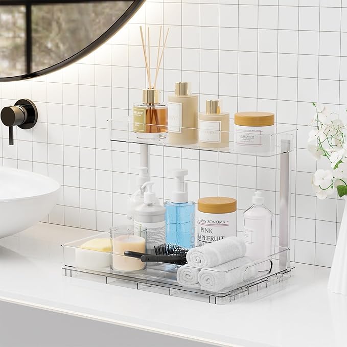 Yieach 2 Pack Kitchen Sink Organizer Under Cabinet,14.5 Inch Deep Clear Under Sink Storage Rack for Bathroom,Apartments and Small Space,Two Tier Pull Out Vanity Cabinet Organizer & Undersink Storage