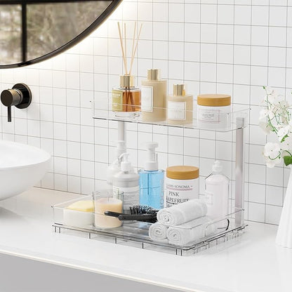 Yieach 2 Pack Kitchen Sink Organizer Under Cabinet,14.5 Inch Deep Clear Under Sink Storage Rack for Bathroom,Apartments and Small Space,Two Tier Pull Out Vanity Cabinet Organizer & Undersink Storage