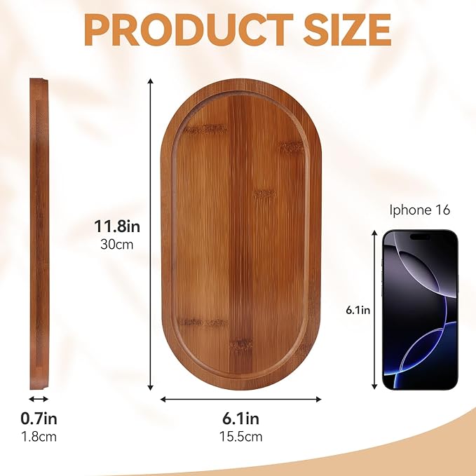 Bamboo Vanity Tray 11.4x6.3 inches, Decorative Vanity Tray for Bathroom Countertop Toilet Tank Farmhouse, Brown