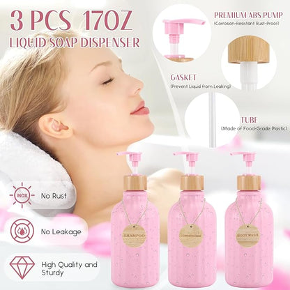 Pink Bathroom Accessories Set 17PCS Bathroom Set with Trash Can 3PCS Lotion Soap Dispenser, Toothbrush Holder, Soap Dish,Tumbler Cup,6PCS Wood Tags Bath Accessories with Tray for Kitchen Bathroom