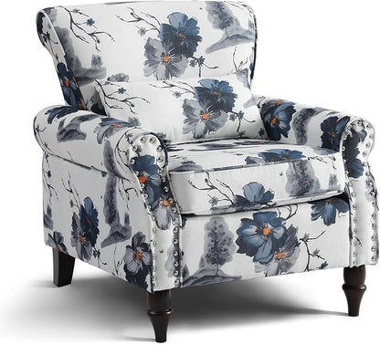 Wingback Accent Chair with Removable Pillow, High Back Floral Armchair with Solid Wood Legs & Nailhead Trim, Comfy Upholstered Reading Single Sofa Chair for Bedroom (1, Ink Blue Pattern)