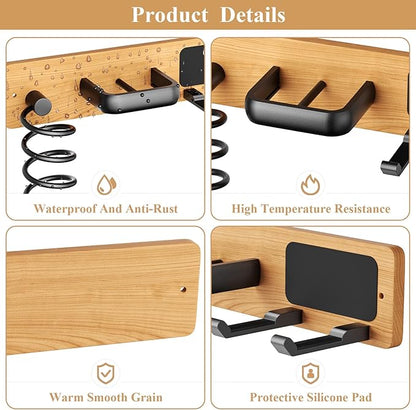 Tindbea Hair Dryer Holder Curling Iron Holder Flat Iron, Blow Dryer Holder Wall Mount, 3 in 1 Bathroom Hair Tool Organizer Rack for Universal Dryer, Cherry Matte Black