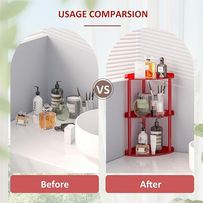 3 Tier Countertop Corner Organizer Shelf 7x7x15.7 Inch, Red Countertop Acrylic Bathroom Corner Shelf, Vanity Storage Organizer for Cosmetics, Toiletries