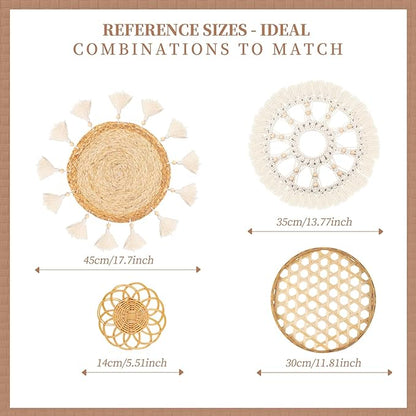 Boho Wall Basket Decor Set of 4 - Flat Woven Basket Wall Hanging Decor,Round Tassels White Macrame Tapestry Wall Decor Art,Handmade Rattan Wicker Seagrass Home Wall Baskets Decor(Wooden Beads Style)