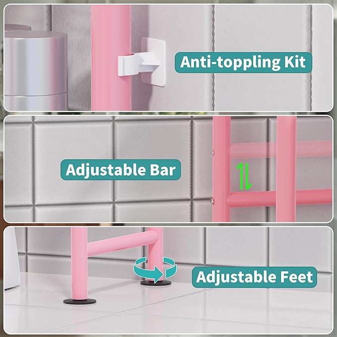 3-Tier Over The Toilet Storage with Paper Holder, Metal Bathroom Organizers and Storage for Small Space, Freestanding Bathroom Shelves with 4 Hooks, Above The Toilet Storage Shelf, Pink