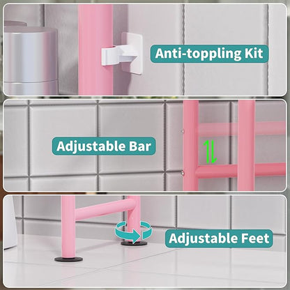 3-Tier Over The Toilet Storage with Paper Holder, Metal Bathroom Organizers and Storage for Small Space, Freestanding Bathroom Shelves with 4 Hooks, Above The Toilet Storage Shelf, Pink