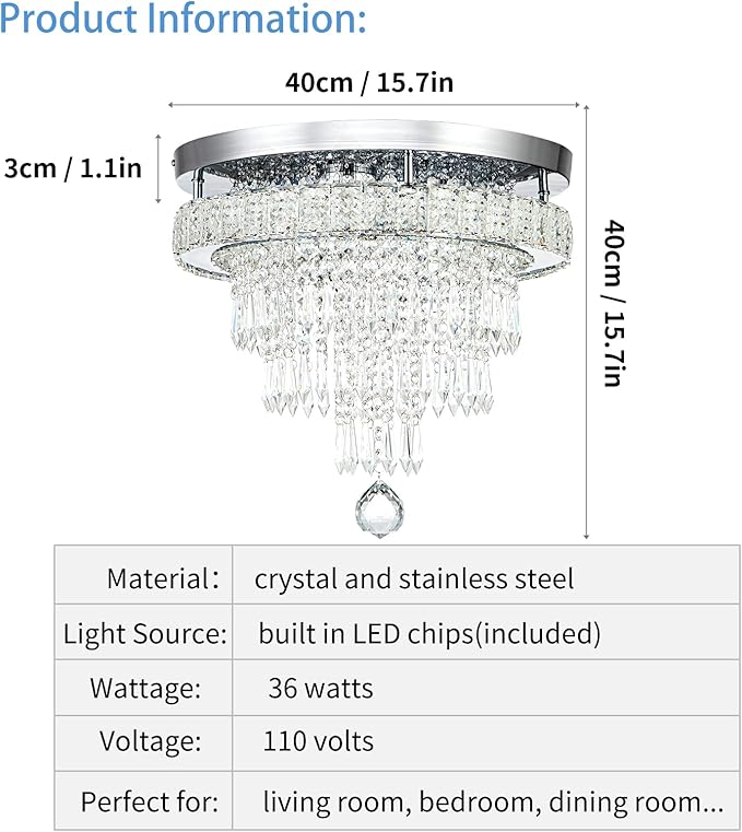 16“ Crystal Chandeliers Light Flush Mount Ceiling Light Fixtures Round Modern LED Chandelier for Living Room Bedroom Dining Room Closet Hallway (Cool White)