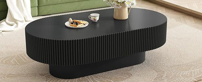 43.3" Oval Fluted Coffee Table Modern Elegant Drum End Table, Minimalist Center Table 7.8" Thick Tabletop with Sturdy Base for Living Room, Bedroom, Apartment,Easy Assembly, Black