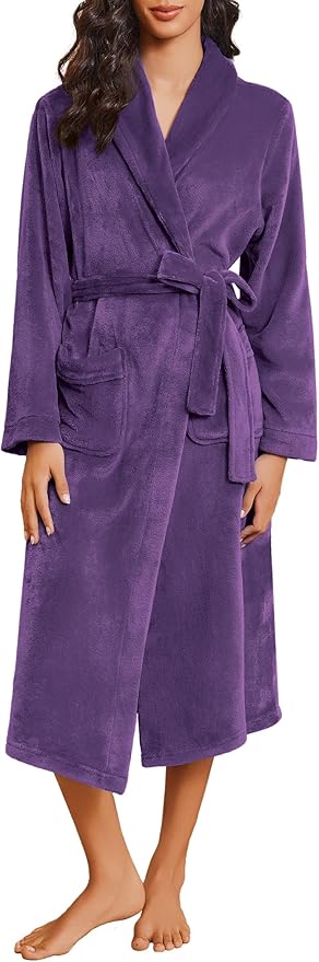 Ekouaer Robes for Women Soft Long Bathrobe Lightweight Fleece Shawl Collar Spa Robe Cozy Sleepwear with Pockets S-XXL