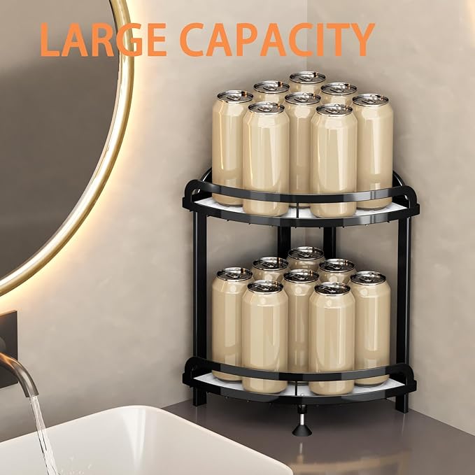 Black Bathroom Counter Organizer XL Corner Shelf, 2-Tier Bathroom Organizers Countertop, Large Capacity Corner Kitchen Storage, Skincare Makeup Vanity Tray, 9''L x 9''W x 13.8''H