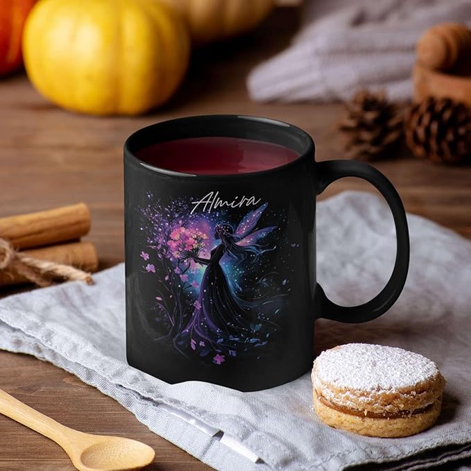 Personalized Beautiful Fairy Holding Flower Coffee Mug, Custom Name Ceramic Cup 11oz 15oz, Enchanted Fantasy Themed Mug, Custom Fairy Lovers Black Cup, Kids Mug, Elegant Fairy Mug