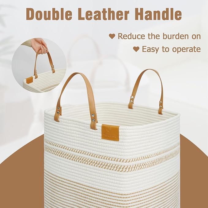 danpinera 100L Nursery Hamper, Tall Woven Laundry Basket with Long Leather Handles, Boho Laundry Hamper for Living Room & Bedroom, Eco-friendly & Convenient Decorative Storage Basket White & Jute