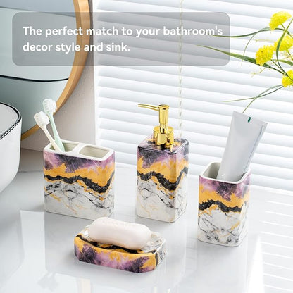 4 Piece Bathroom Accessories Set - Purple Bathroom Accessory Sets Includes Lotion Dispenser, Toothbrush Holder Tumbler, and Soap Dish - Glossy Finish (Marble, Purple)